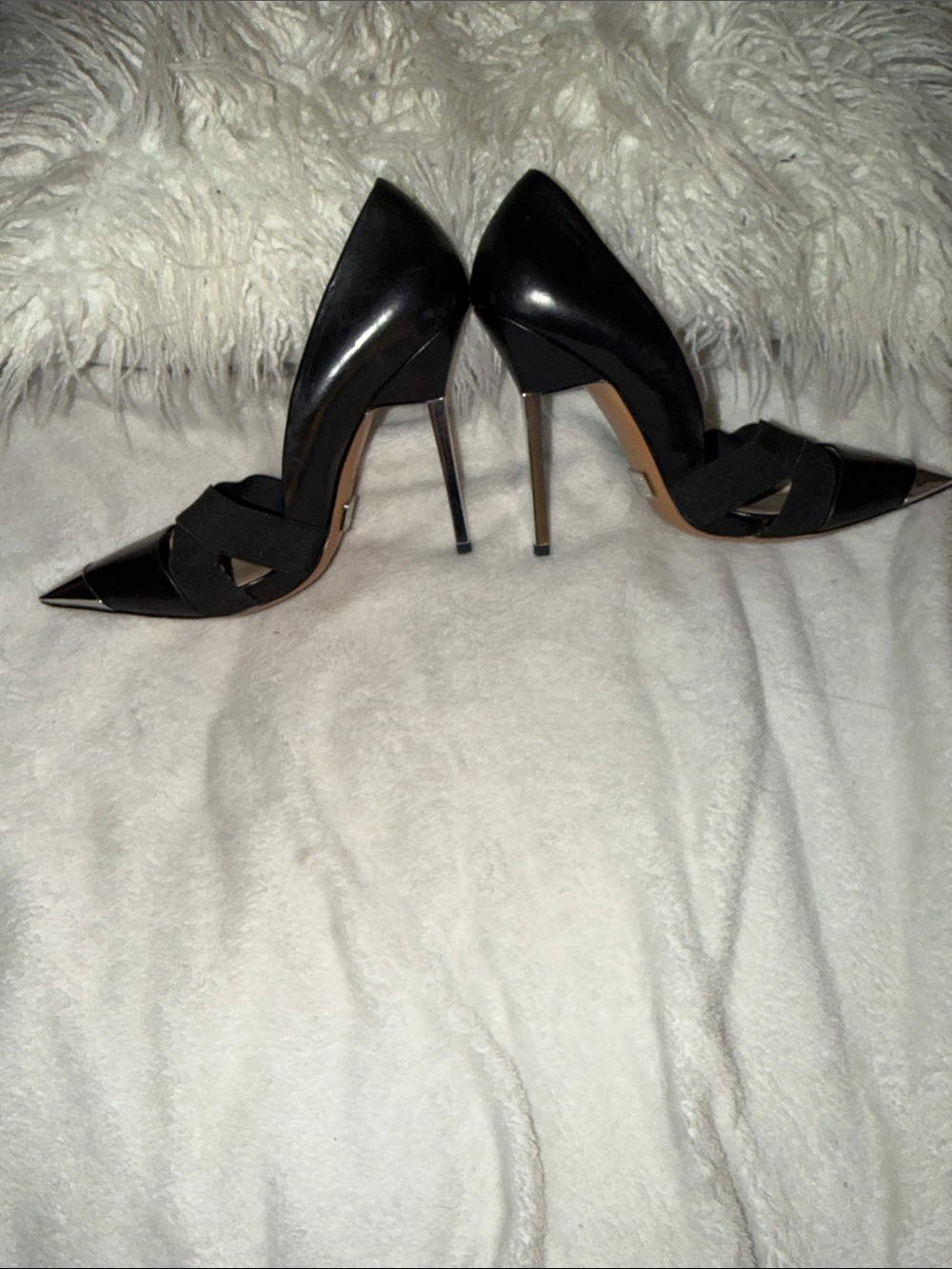 Michael Kors Collection Black Pointed Toe Pumps with Silver Metal Caps - Picture 2 of 8